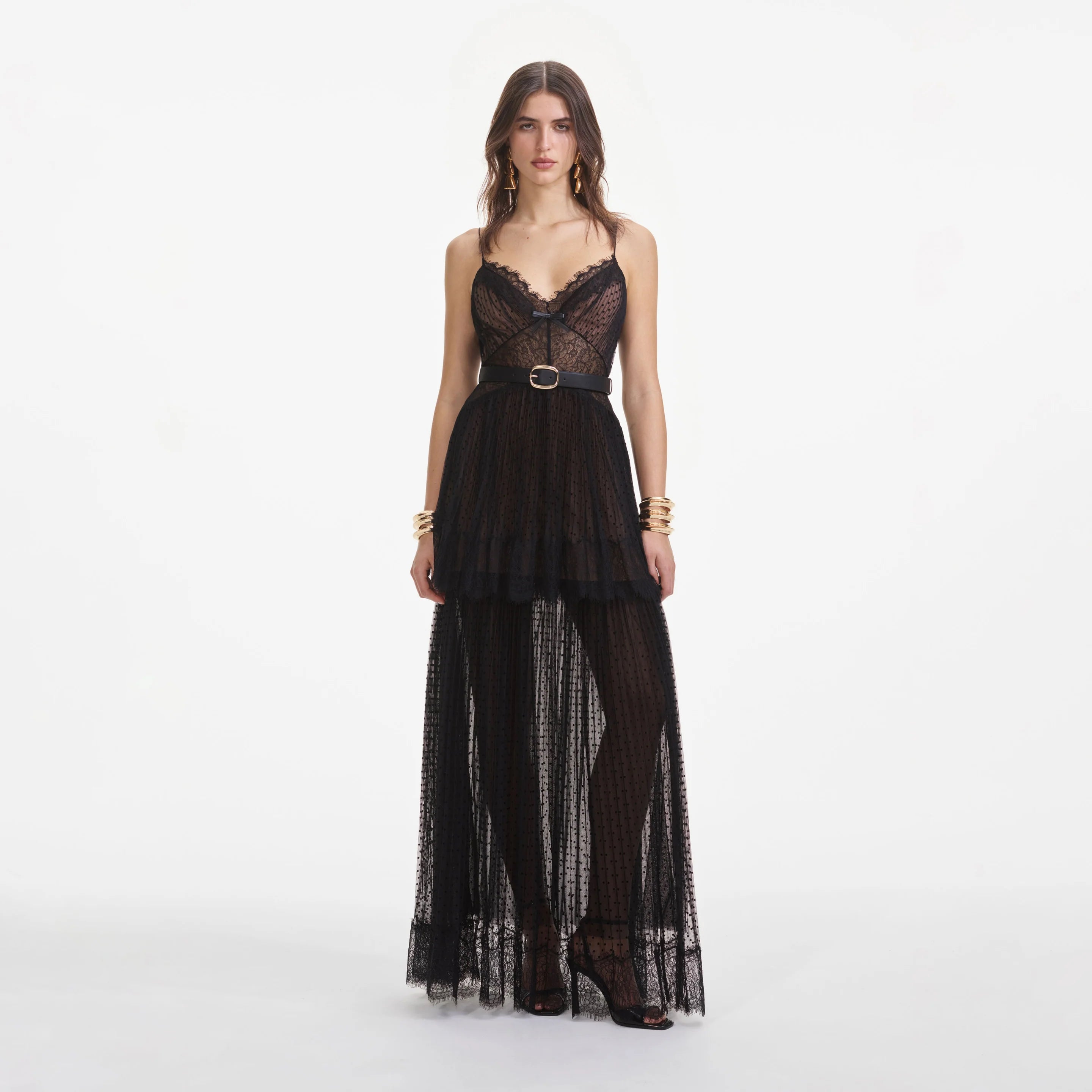 Self-Portrait Black Dot Mesh Tiered Maxi Dress