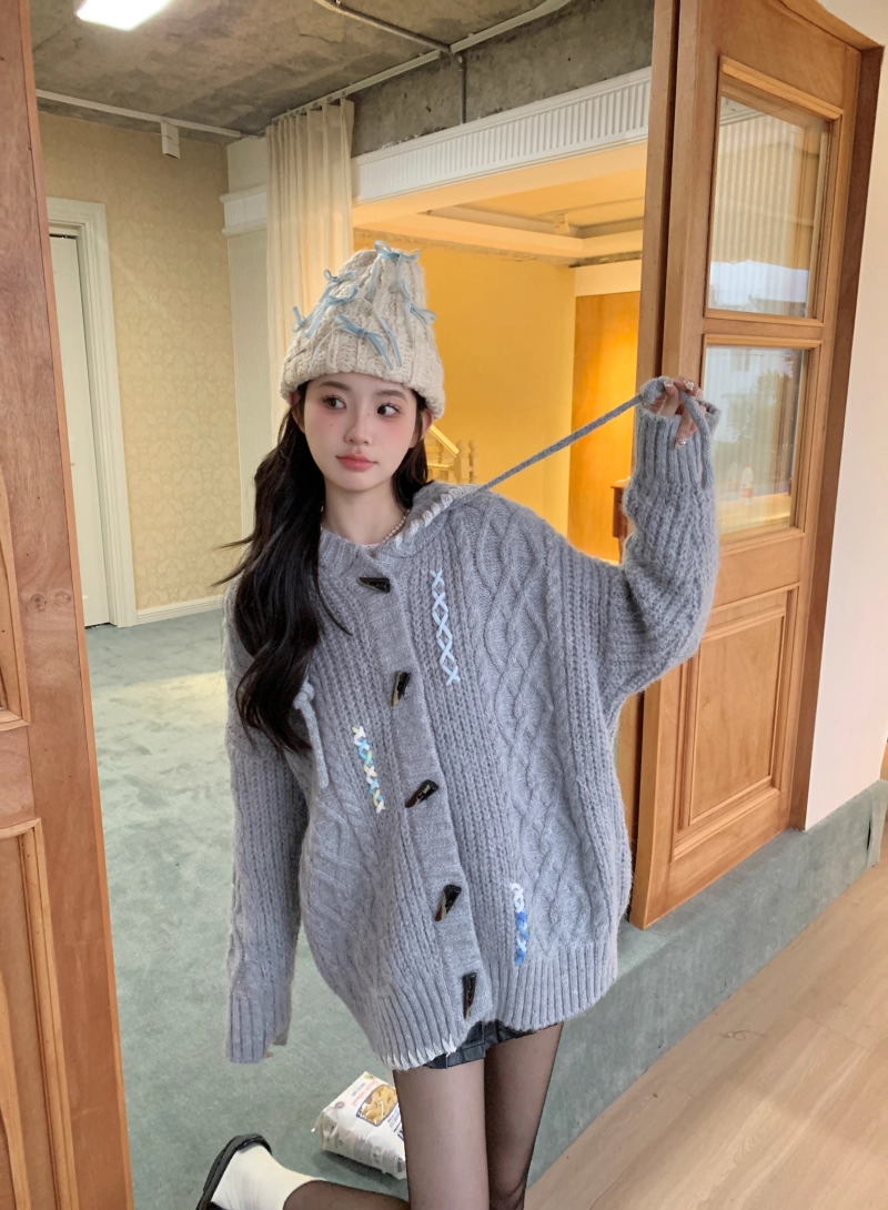 Momonana Hooded Toggle-Front Cardigan (grey)