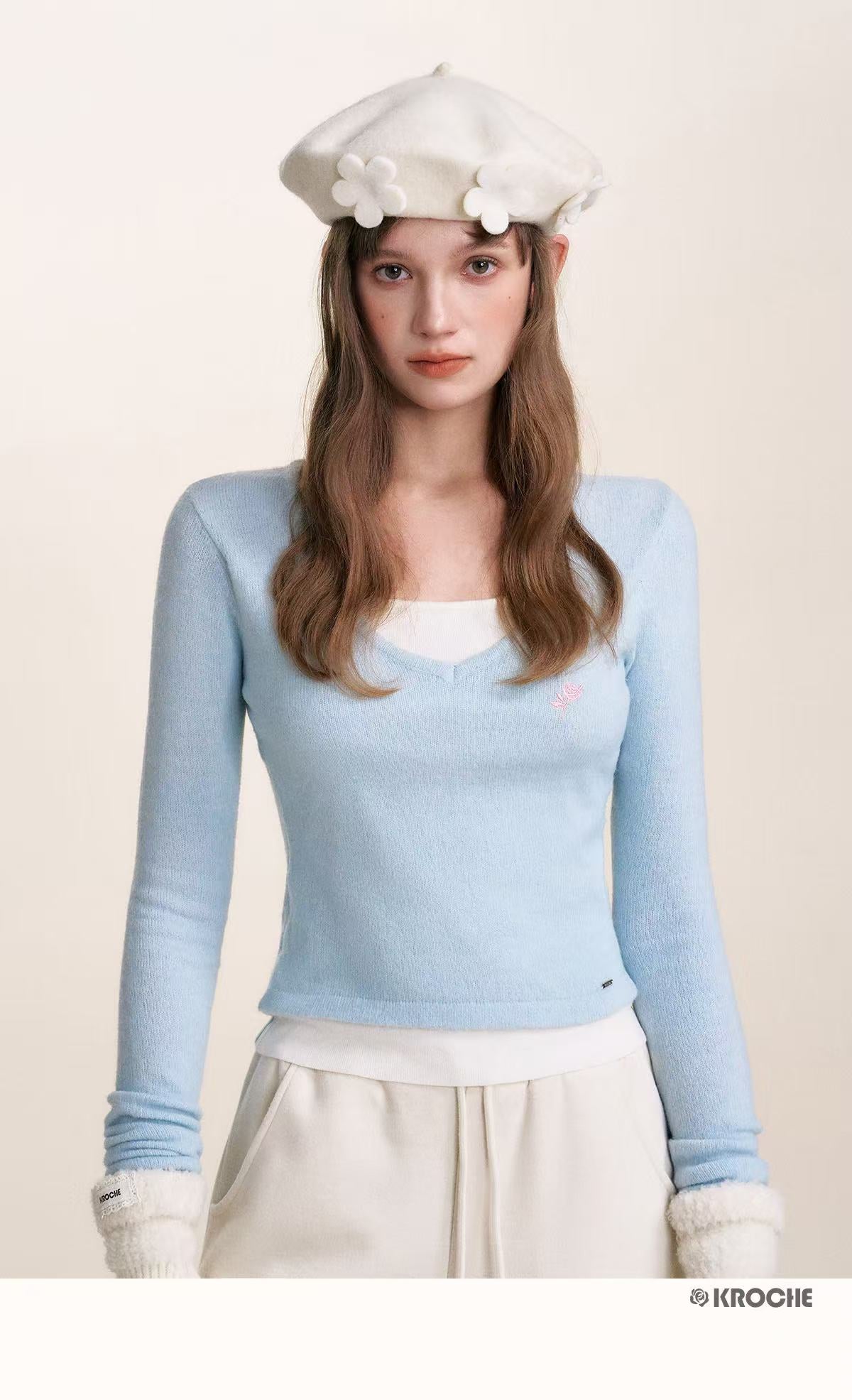 Kroche Rose embroidered knitted top (2color)