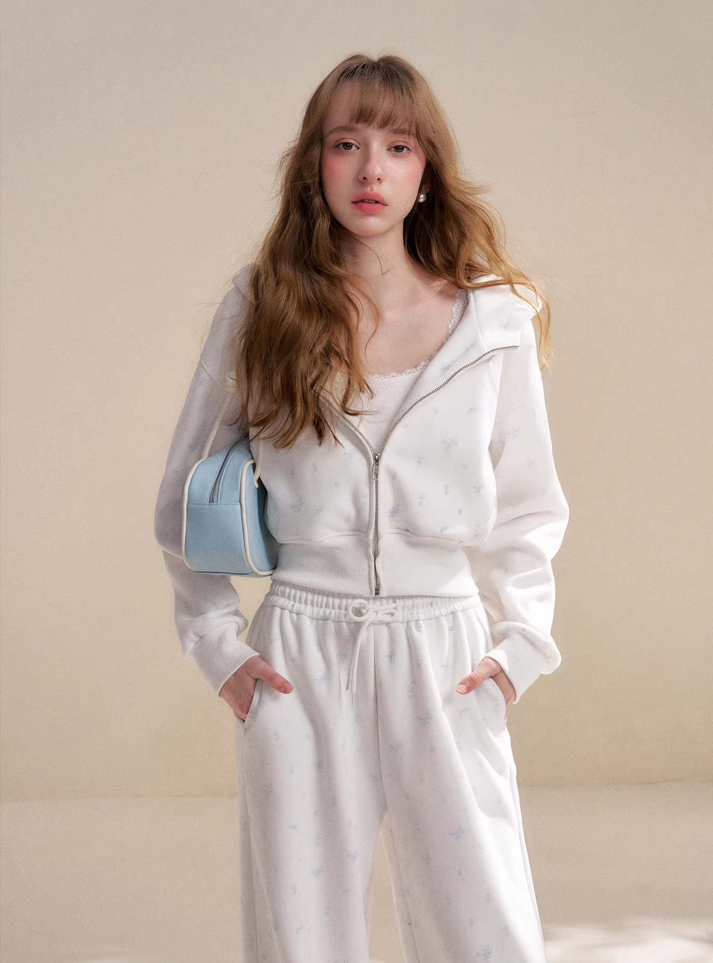 Kroche KZY4062&KZY4063 Rose print zipper hoodie + pants