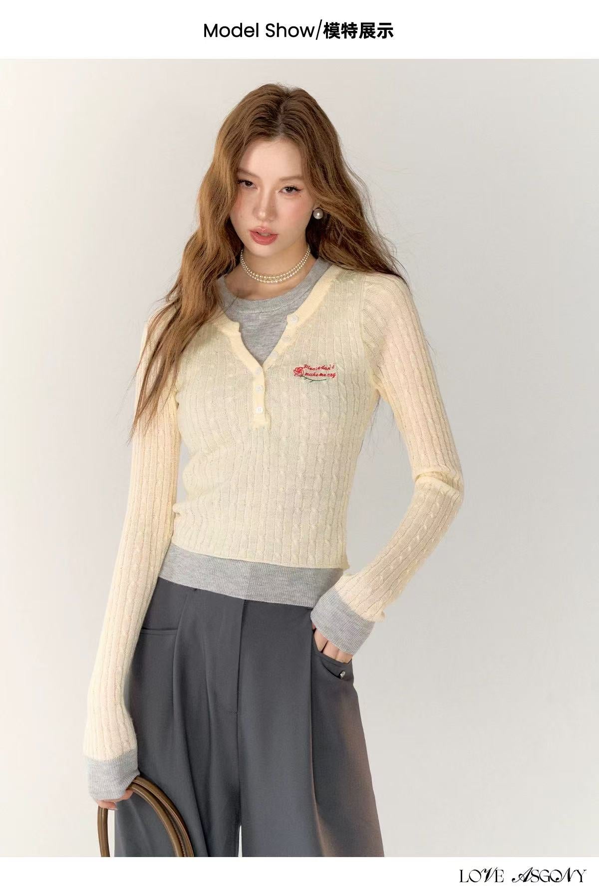 AsGony ASG24759 Embroidered fake two-piece top