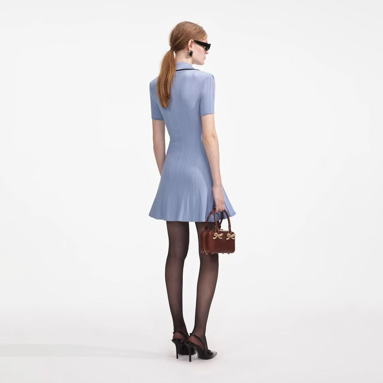 Self-Portrait Blue Viscose Rib Knit - Mini Dress