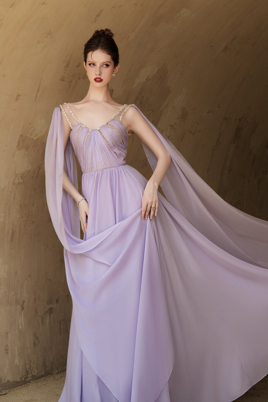 Calista VIOLETTE Draped Chiffon Gown with Sheer Cape