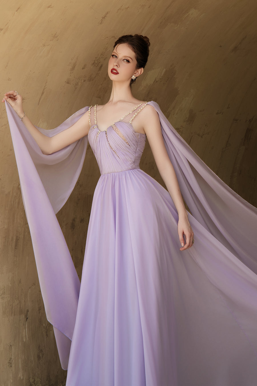 Calista VIOLETTE Draped Chiffon Gown with Sheer Cape