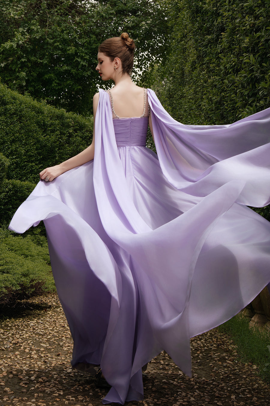 Calista VIOLETTE Draped Chiffon Gown with Sheer Cape