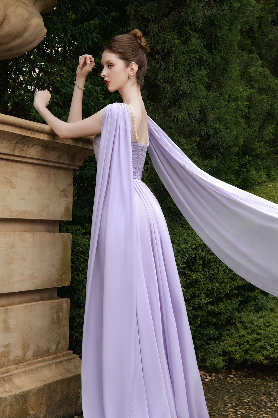 Calista VIOLETTE Draped Chiffon Gown with Sheer Cape
