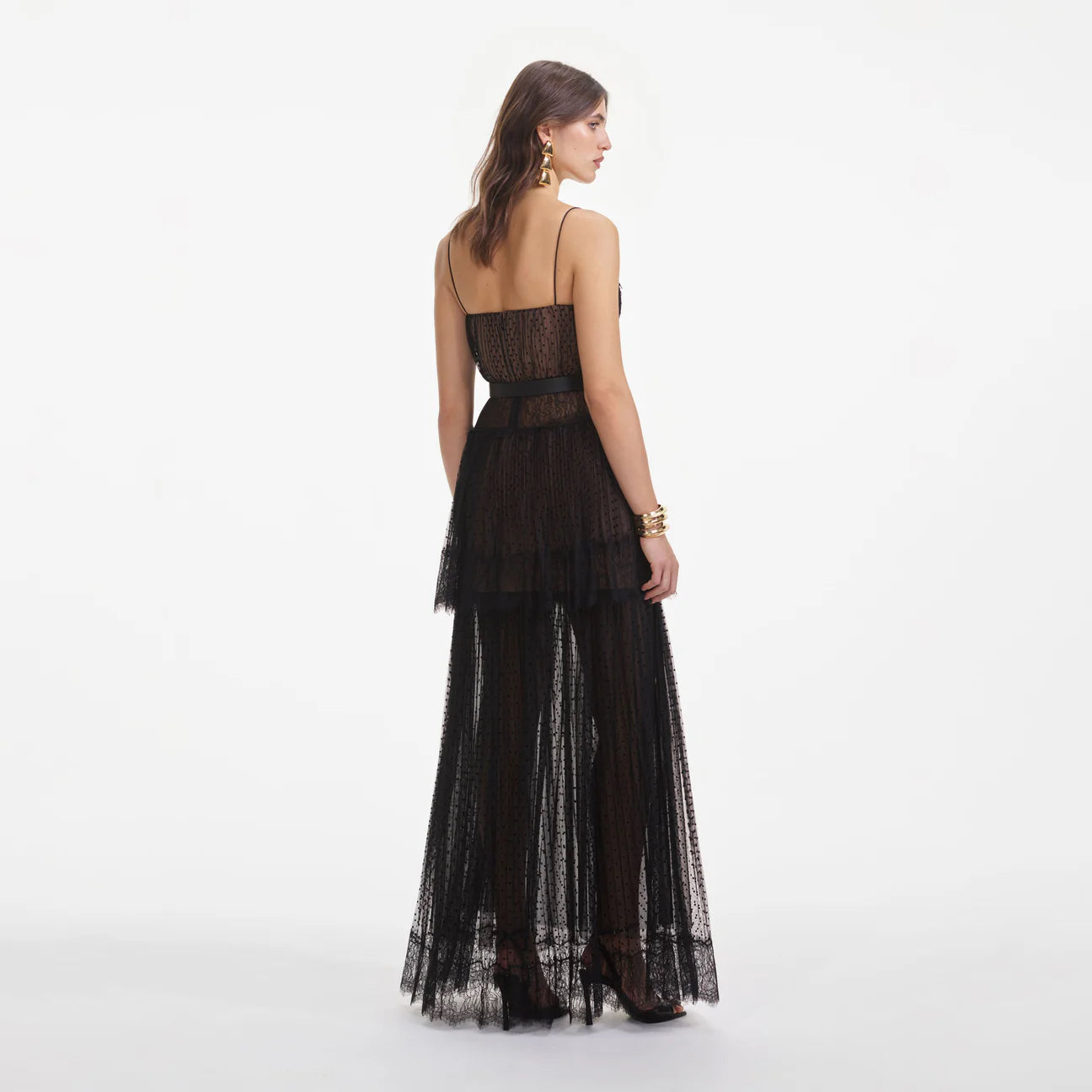 Self-Portrait Black Dot Mesh Tiered Maxi Dress