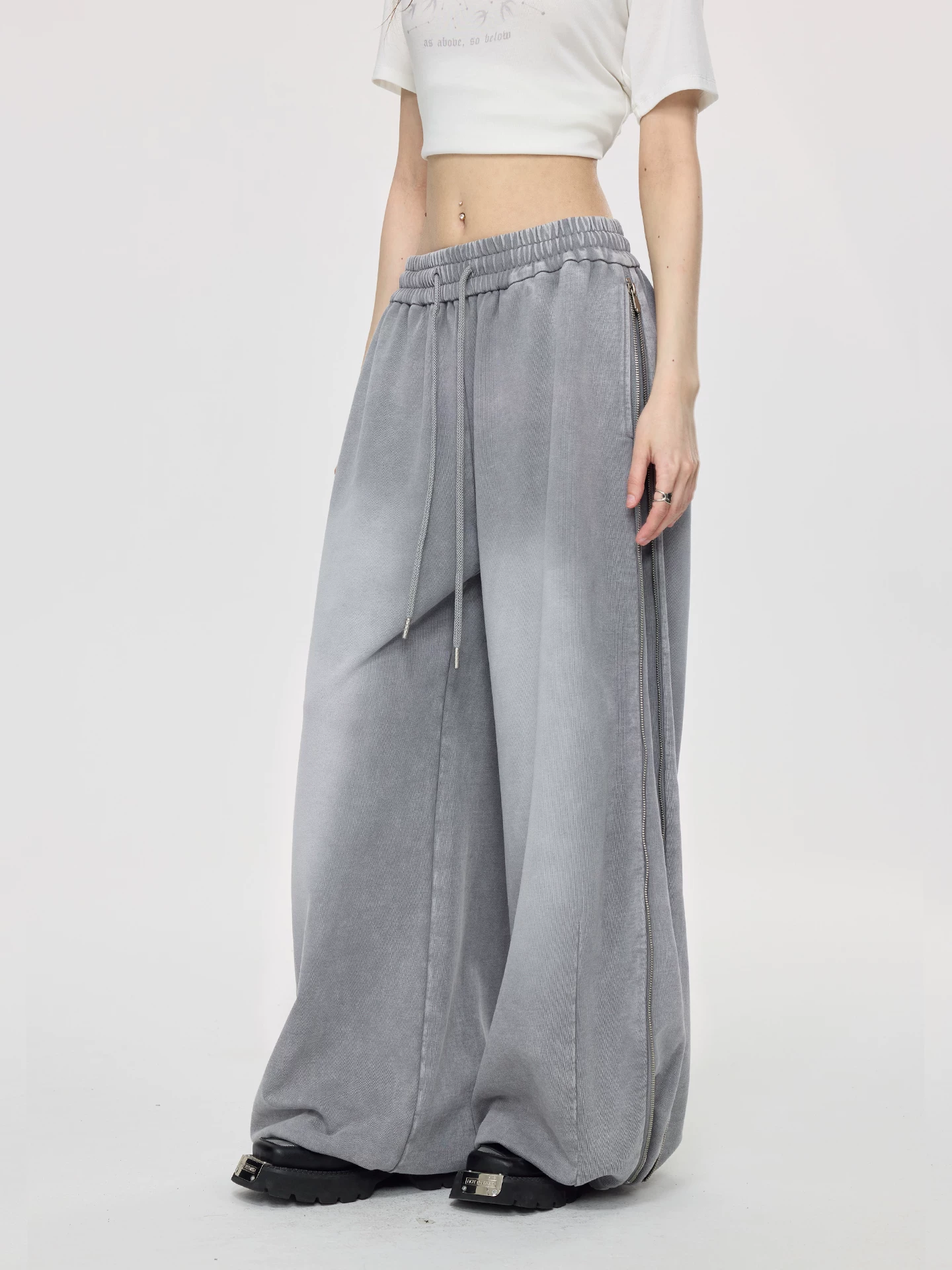 Nova Street Washed Grey Wide Leg Sweatpants