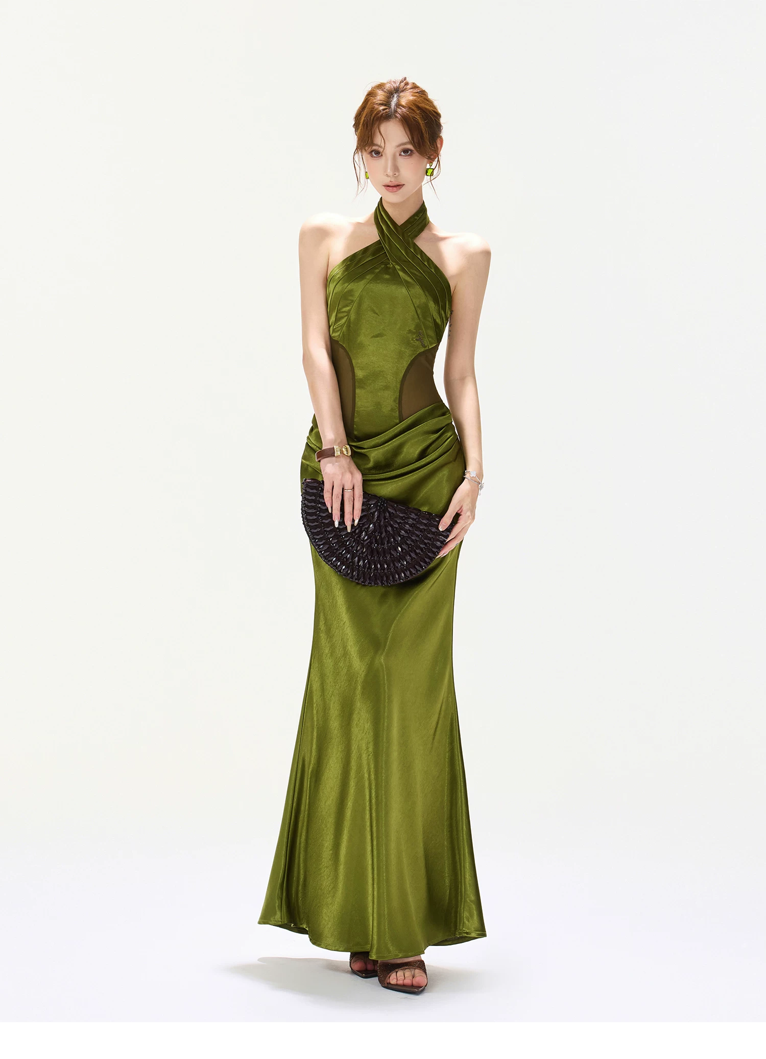 CYNR Satin Mesh Halter Fishtail Maxi Dress Slim Fit