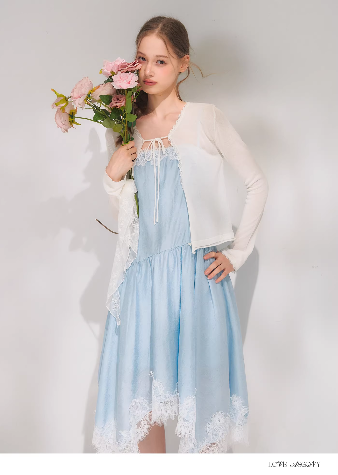 AsGony ASG26085 Knitted lace patchwork tie cardigan