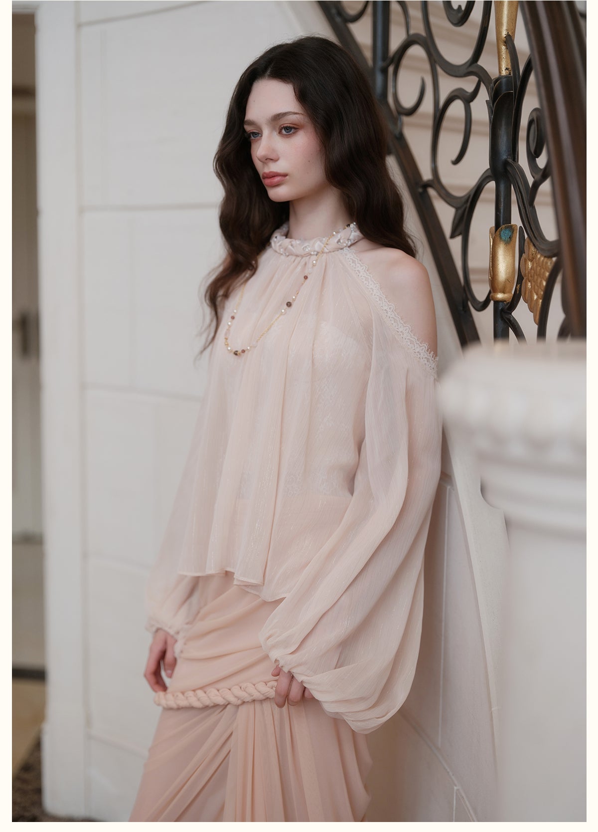 SHEERLUCK SLCS26732 Poesia Off-Shoulder Puff Chiffon Blouse-Creamy Apricot