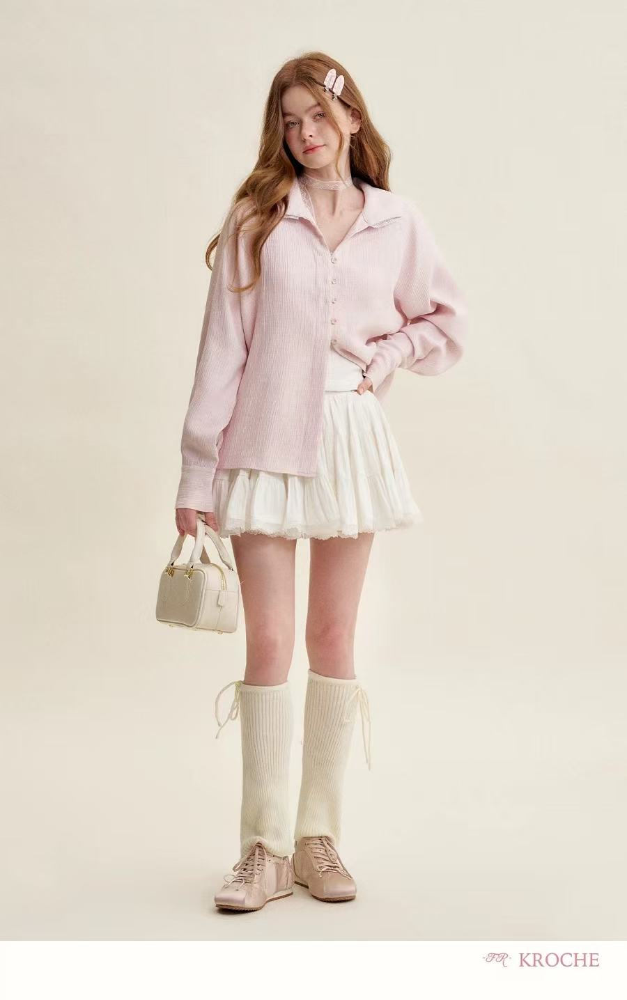 Kroche Lace patchwork loose pink shirt