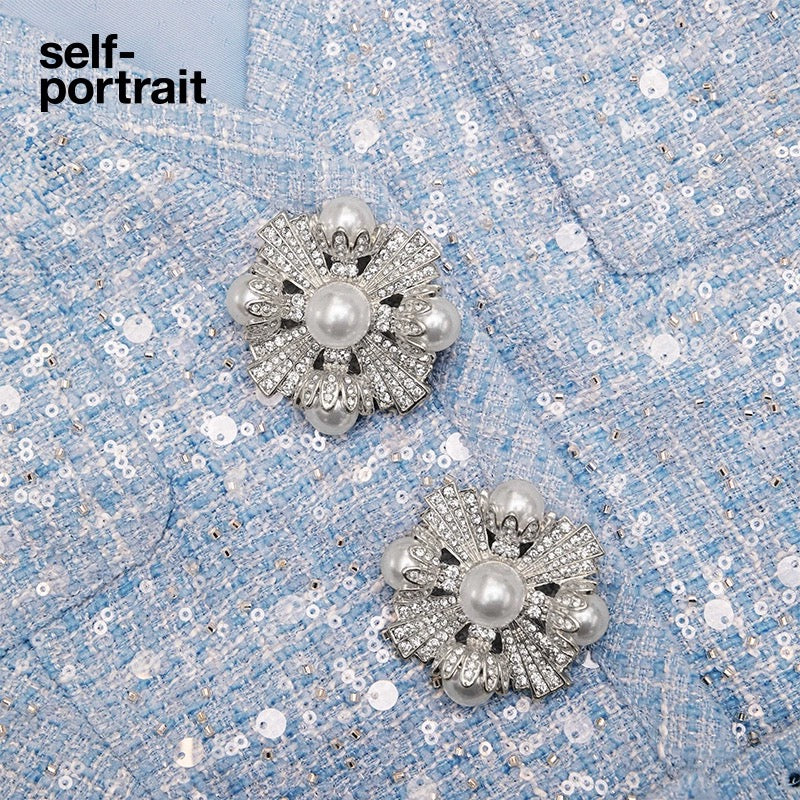 Self-Portrait BLUE SEQUIN BOUCLE MINI JACKET DRESS
