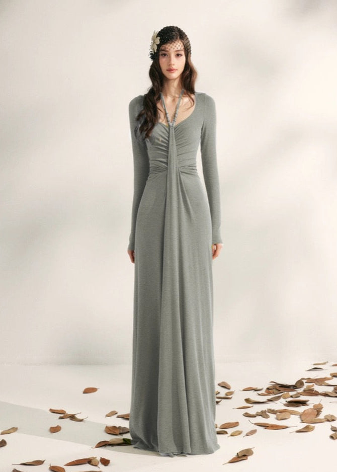 YZZI HE French style pleated waist cinching dress