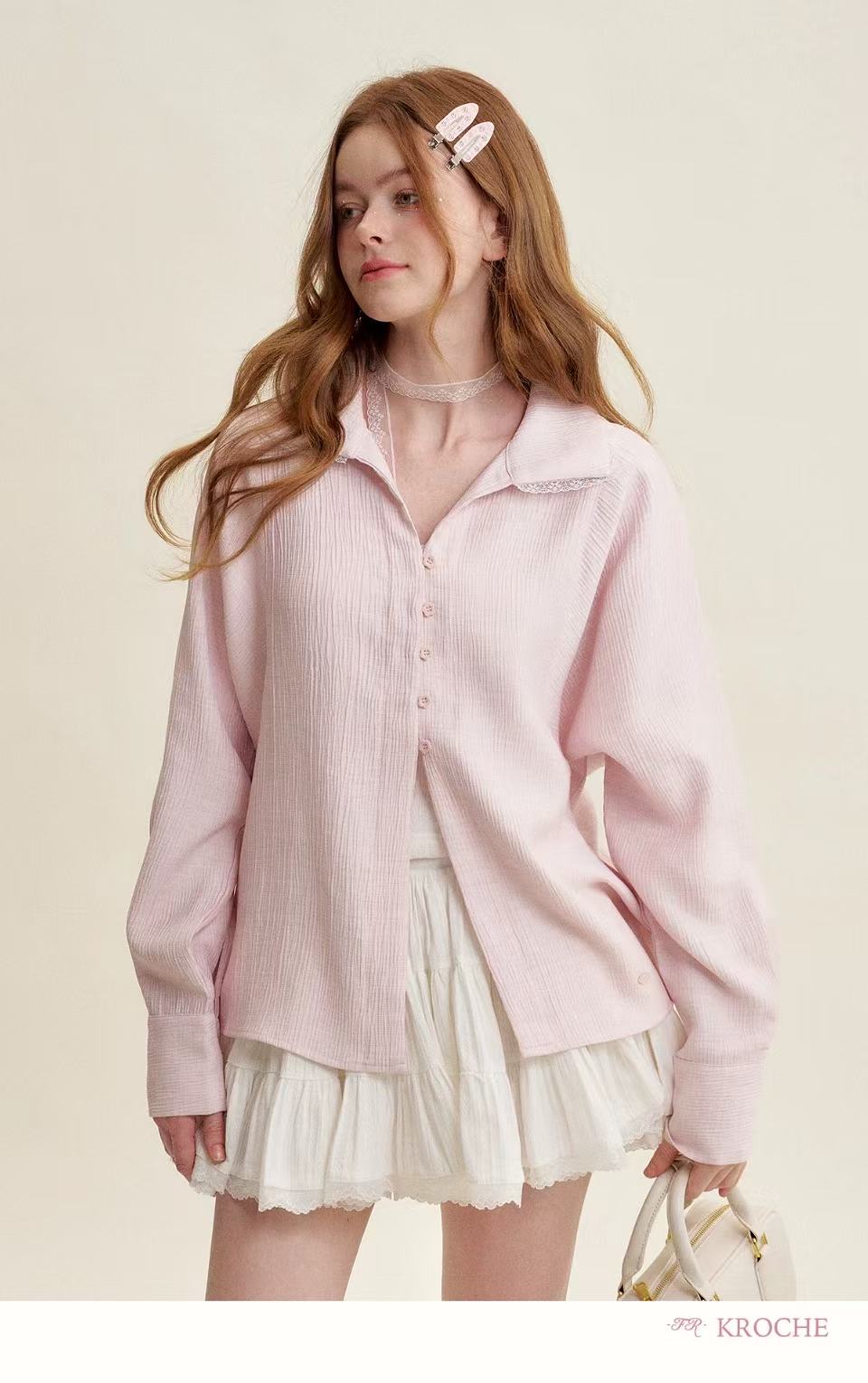 Kroche Lace patchwork loose pink shirt
