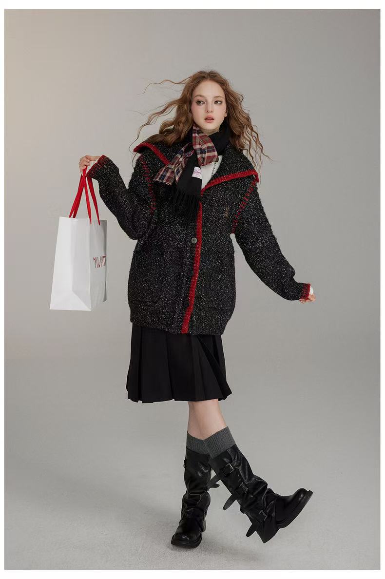 VIA PITTI V24DK287 Large lapel stitching sweater jacket