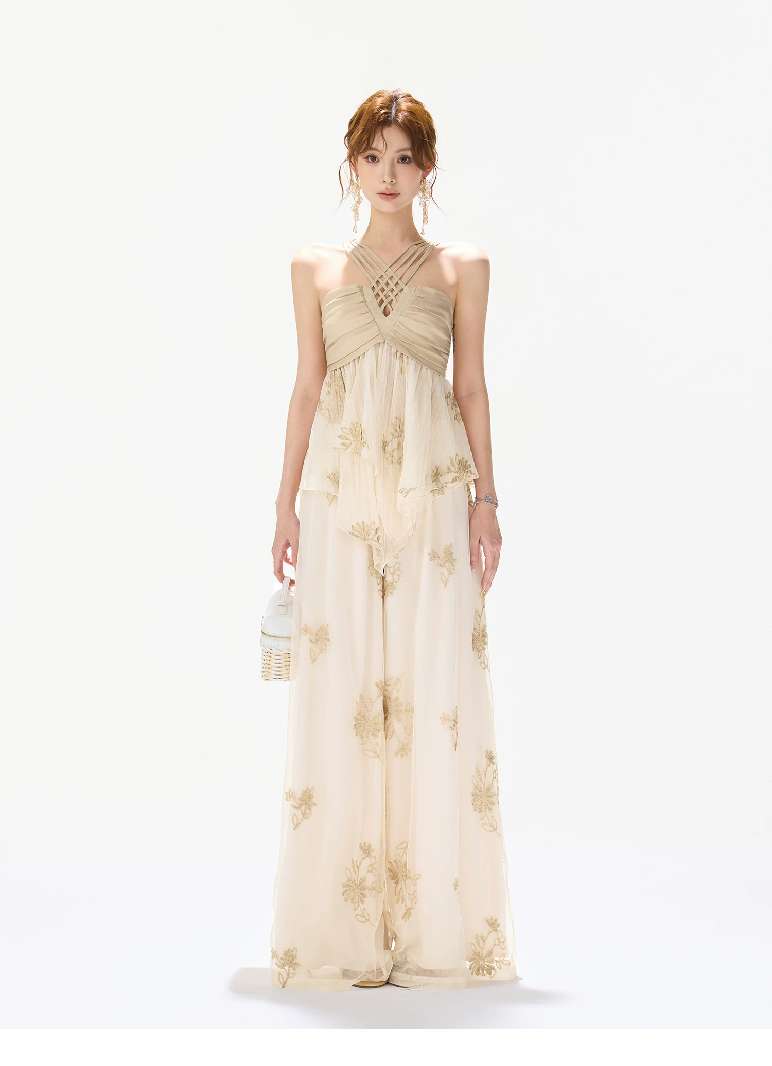 CYNR Soft Chiffon Halter Wide Leg Pants Set