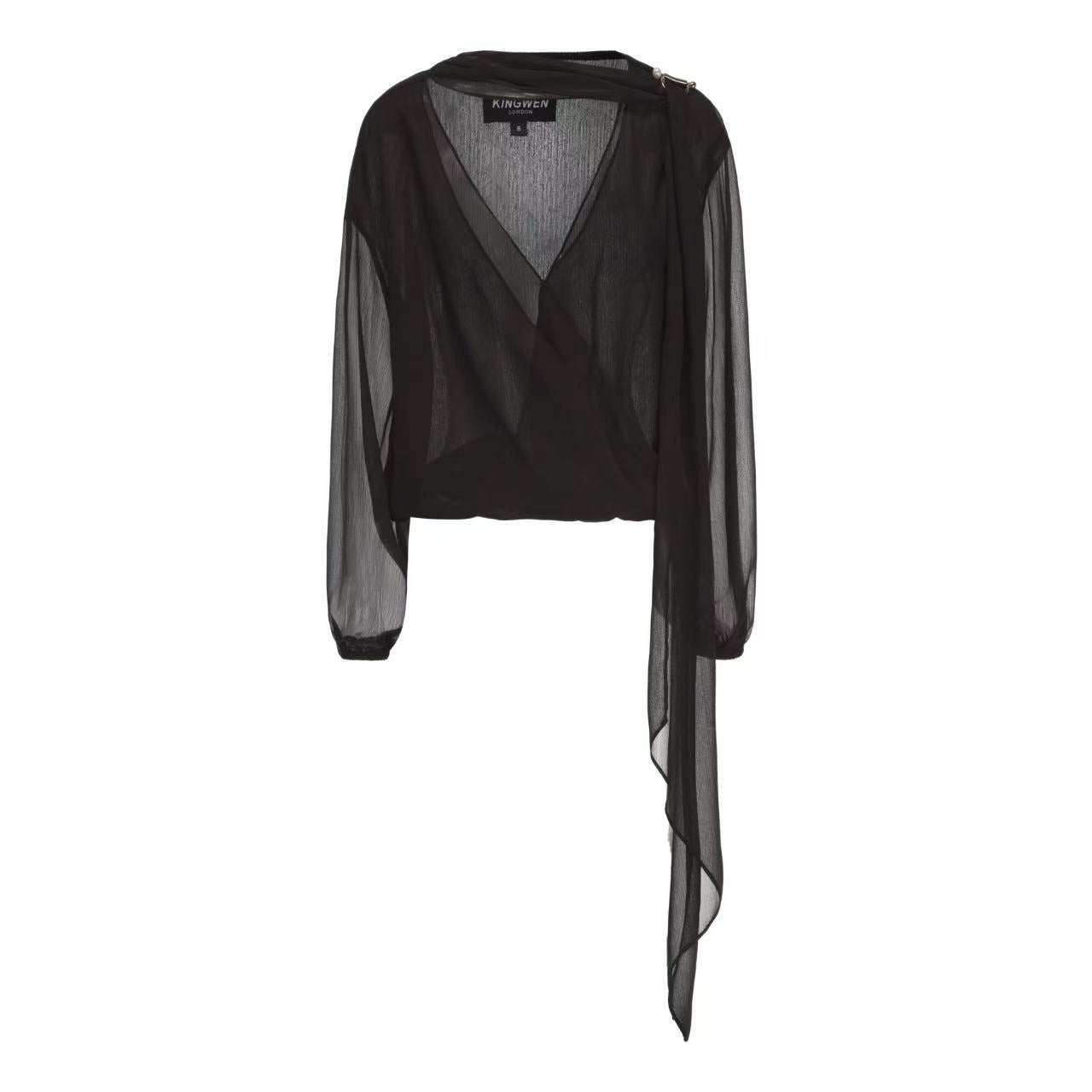 Kingwen Black V-neck long sleeved shirt + Pleated ribbon skirt set (seperate)