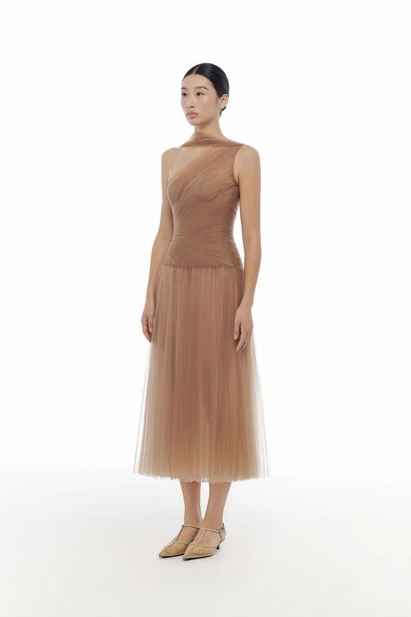 Montsand Draped Midi Dress-Brown