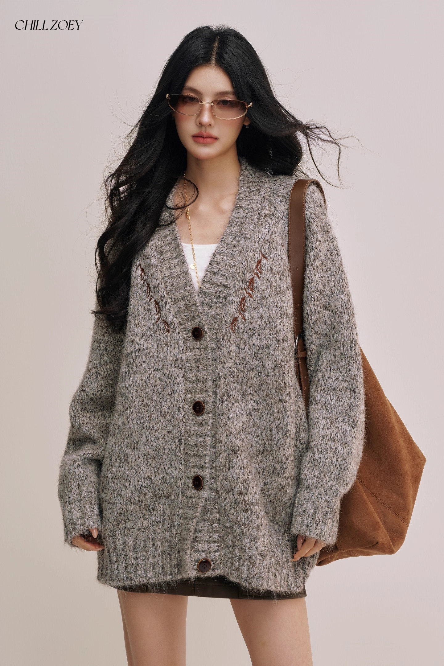 Chill Zoey M690309 Oversized Light Gray Marled Cardigan