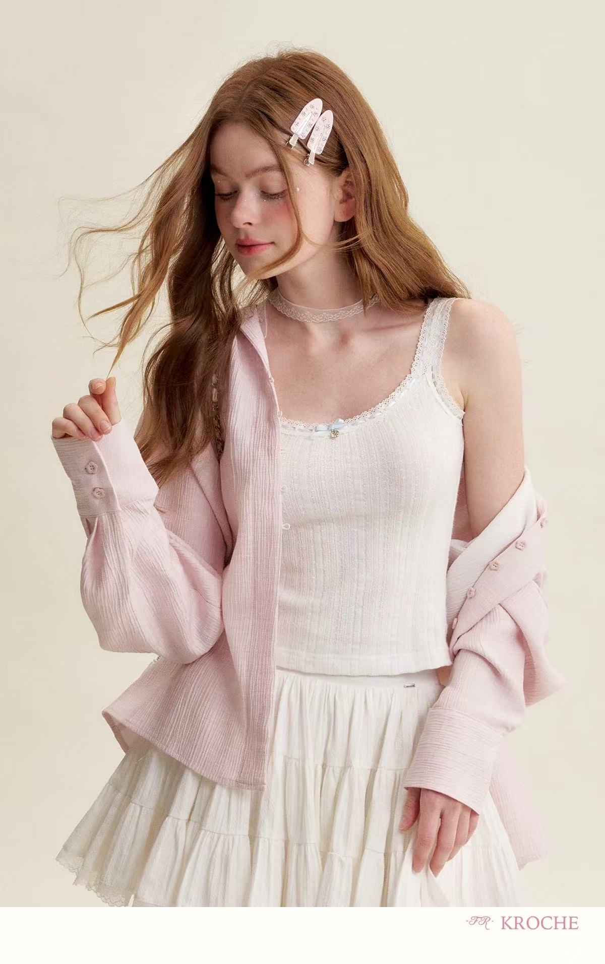 Kroche Lace patchwork loose pink shirt