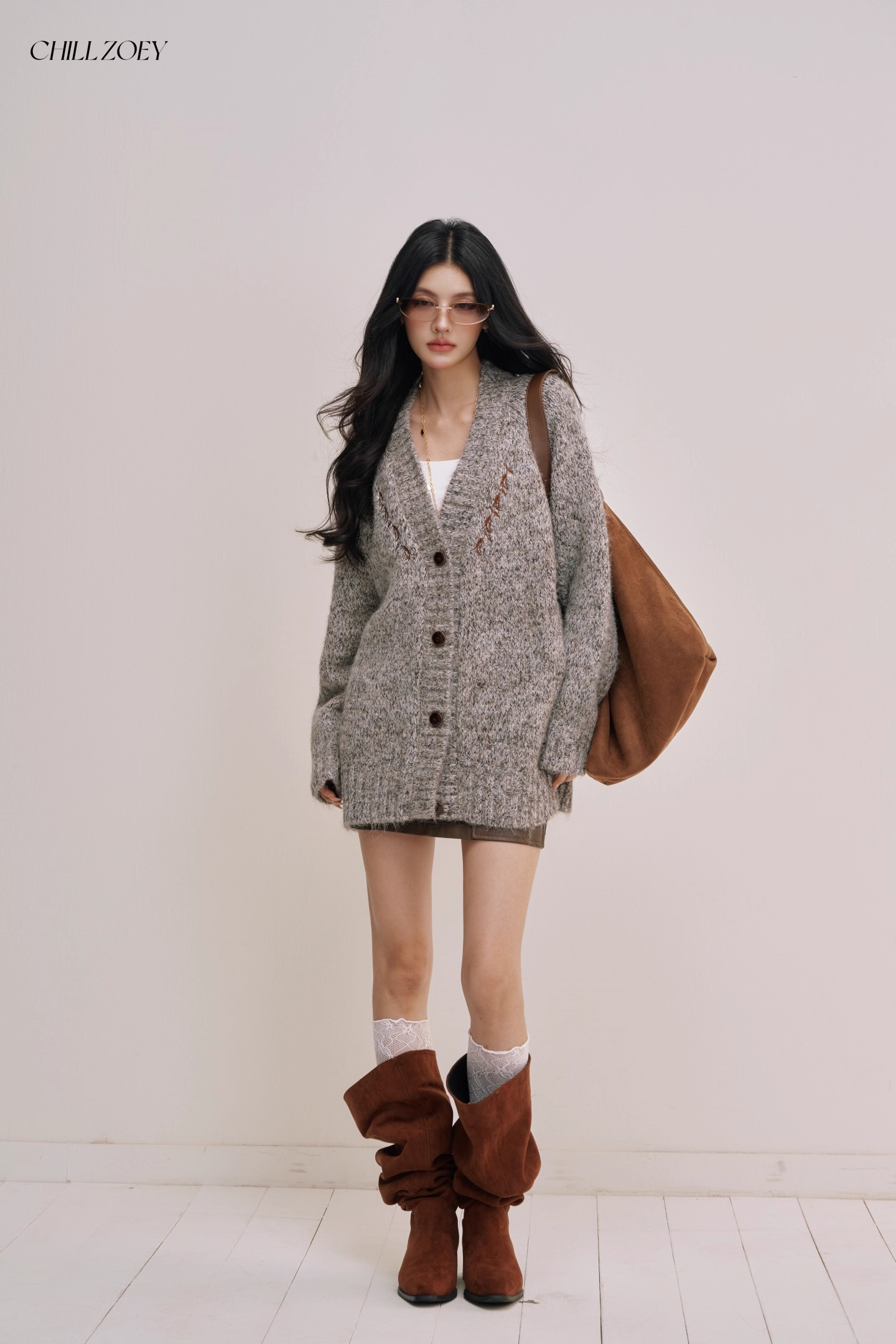 Chill Zoey M690309 Oversized Light Gray Marled Cardigan