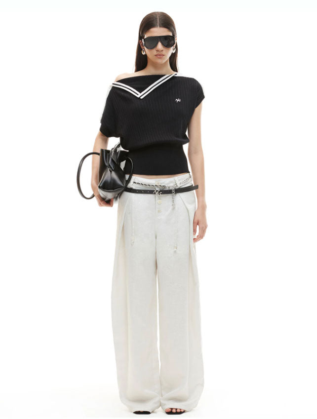 NAWS NAW-T074026 Contrast-Trim Asymmetric Off-Shoulder Striped Top