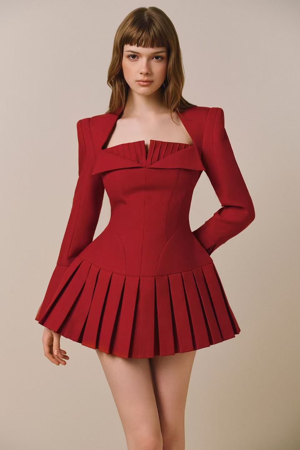 CICI EDEN Long Sleeves Pleated Mini Dress