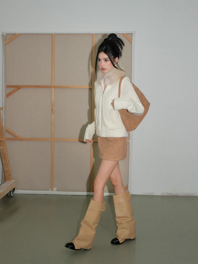 OLIVIA DUO DWT25423 Fur-Collar Top and Belted Brown Culottes Set