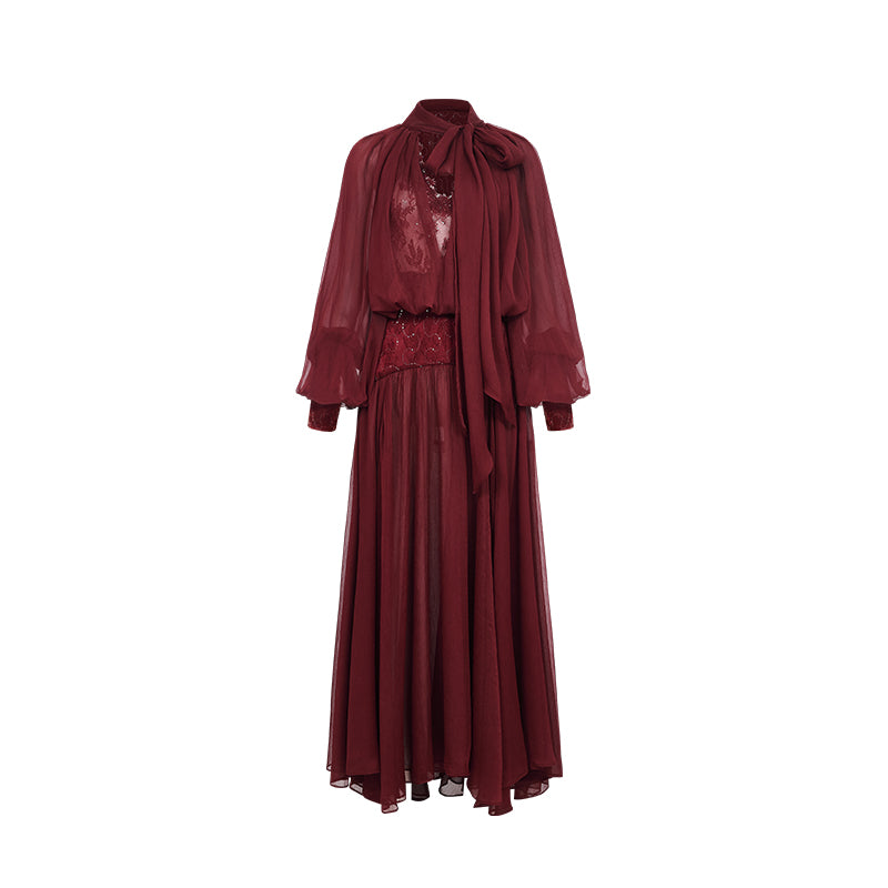 SHEERLUCK SLLYQ25303 Chiffon lace waist cinched V-neck dress