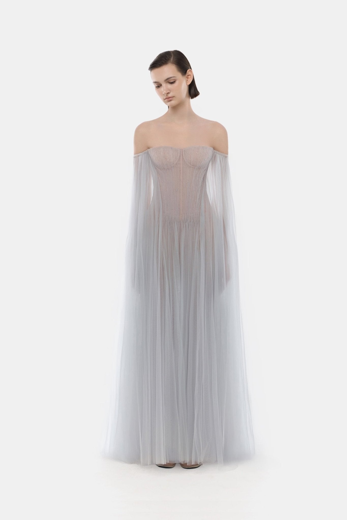 Montsand Grey Tulle Off-shoulder Midi Dress