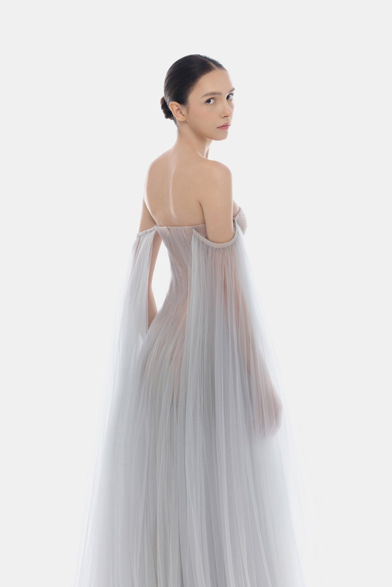 Montsand Grey Tulle Off-shoulder Midi Dress