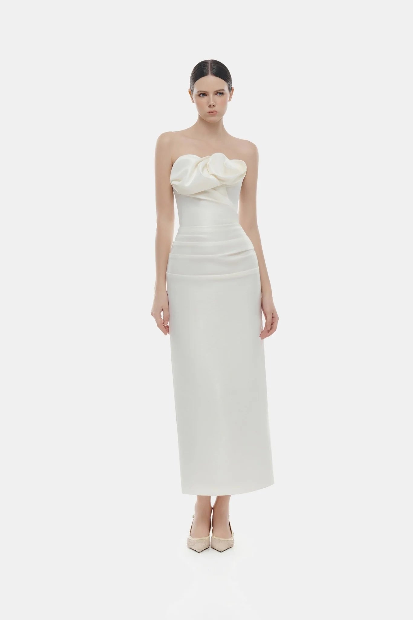 Montsand Ivory Draped Tube Midi Dress