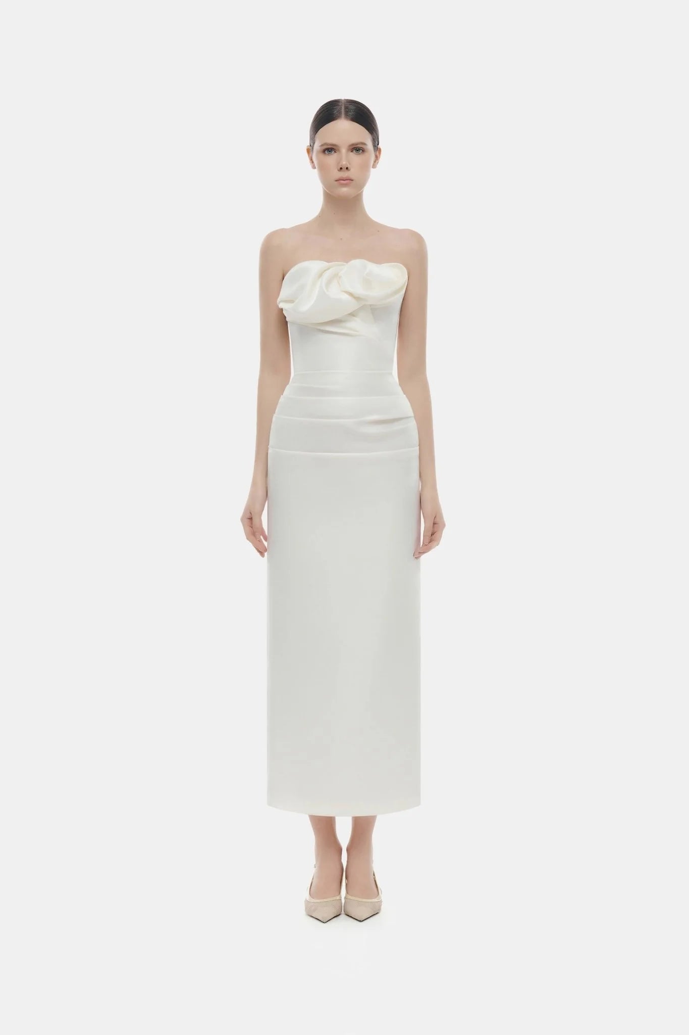 Montsand Ivory Draped Tube Midi Dress