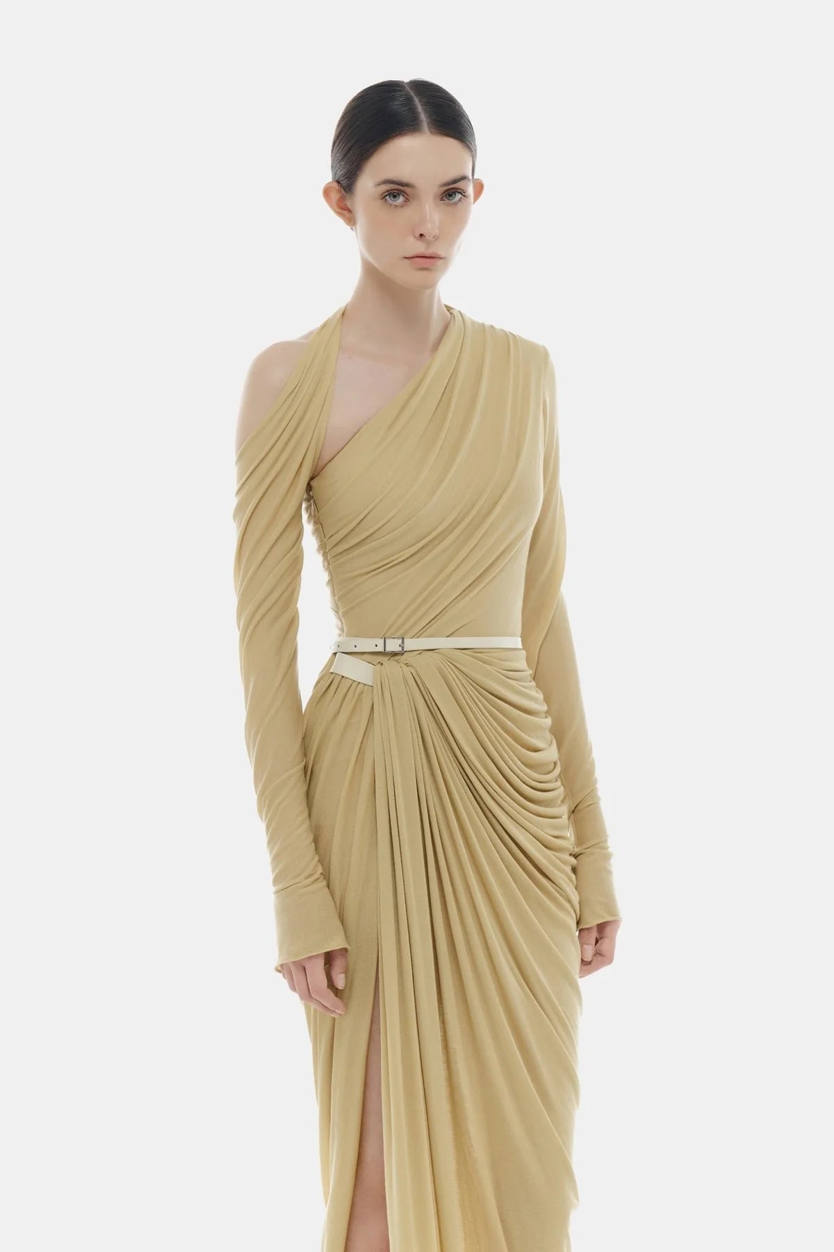 Montsand Lime Draped Asymmetric Maxi Dress