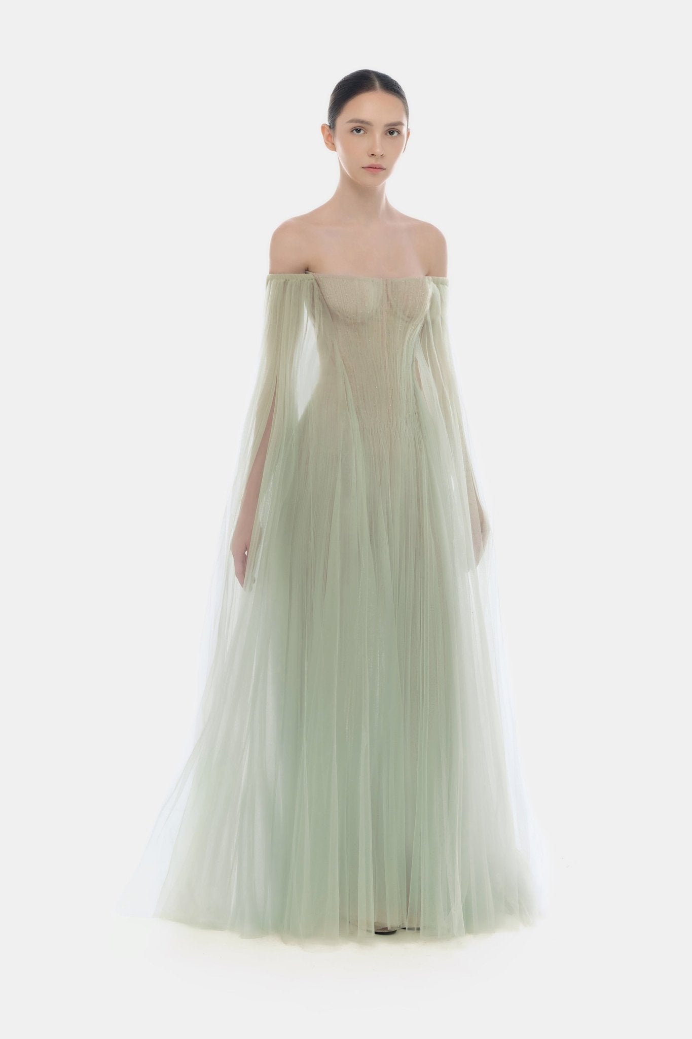Montsand Mint Tulle Off-shoulder Midi Dress