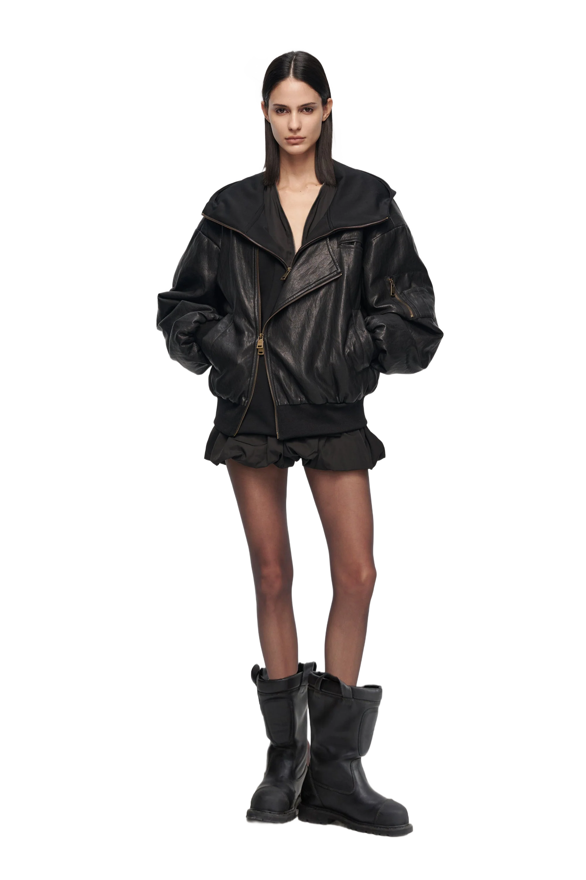 YJ1NGZYZJ OVERSIZED LEATHER BOMBER JACKET