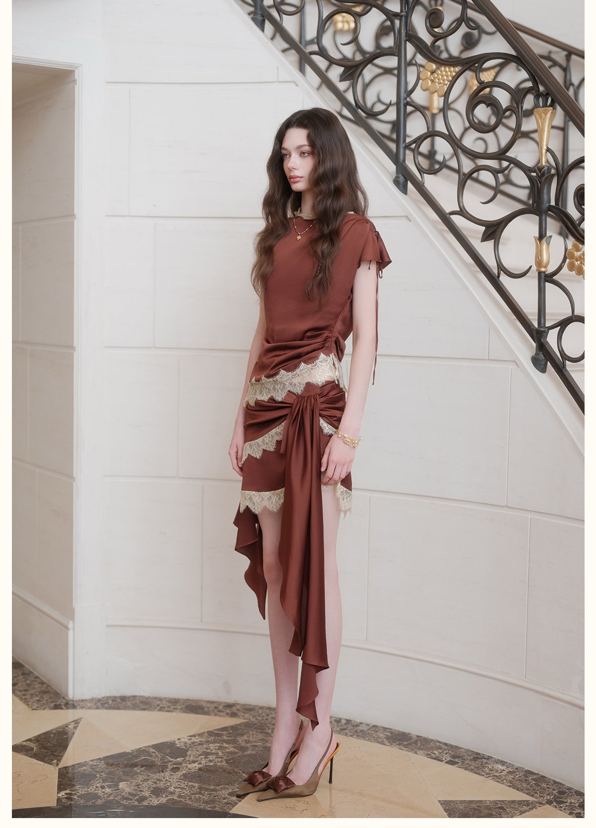 SHEERLUCK SLTZ26722 Serenada Lace Satin Two Piece Set-Mocha Brown