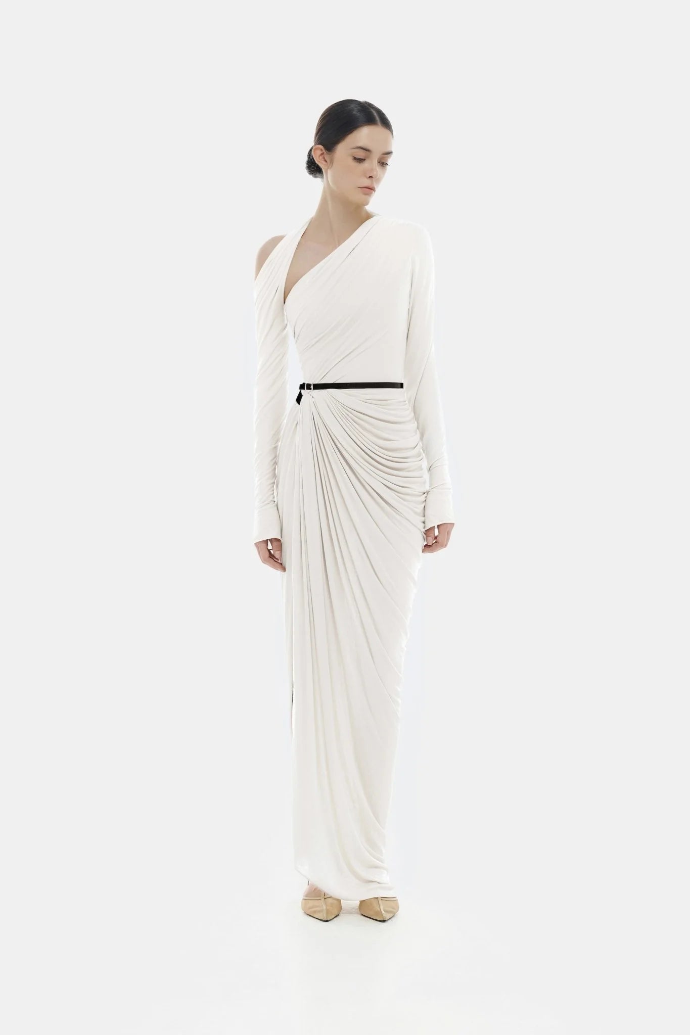 Montsand White draped Asymmetric Maxi Dress