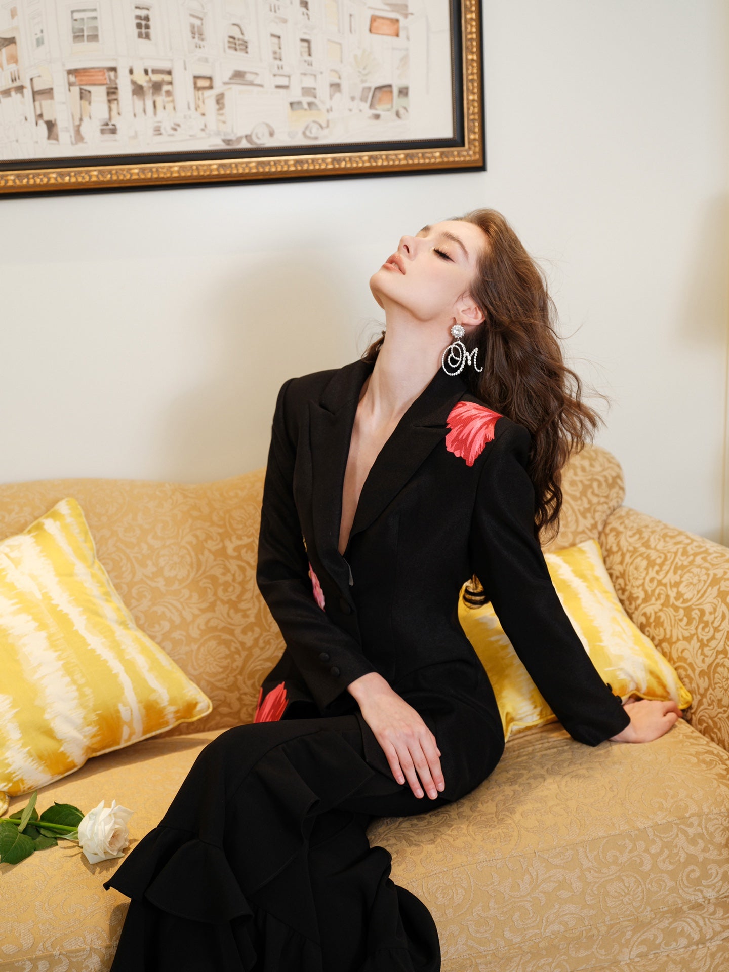 Masion Wester Black Embroidered Suit & Ruffled Flared Pants