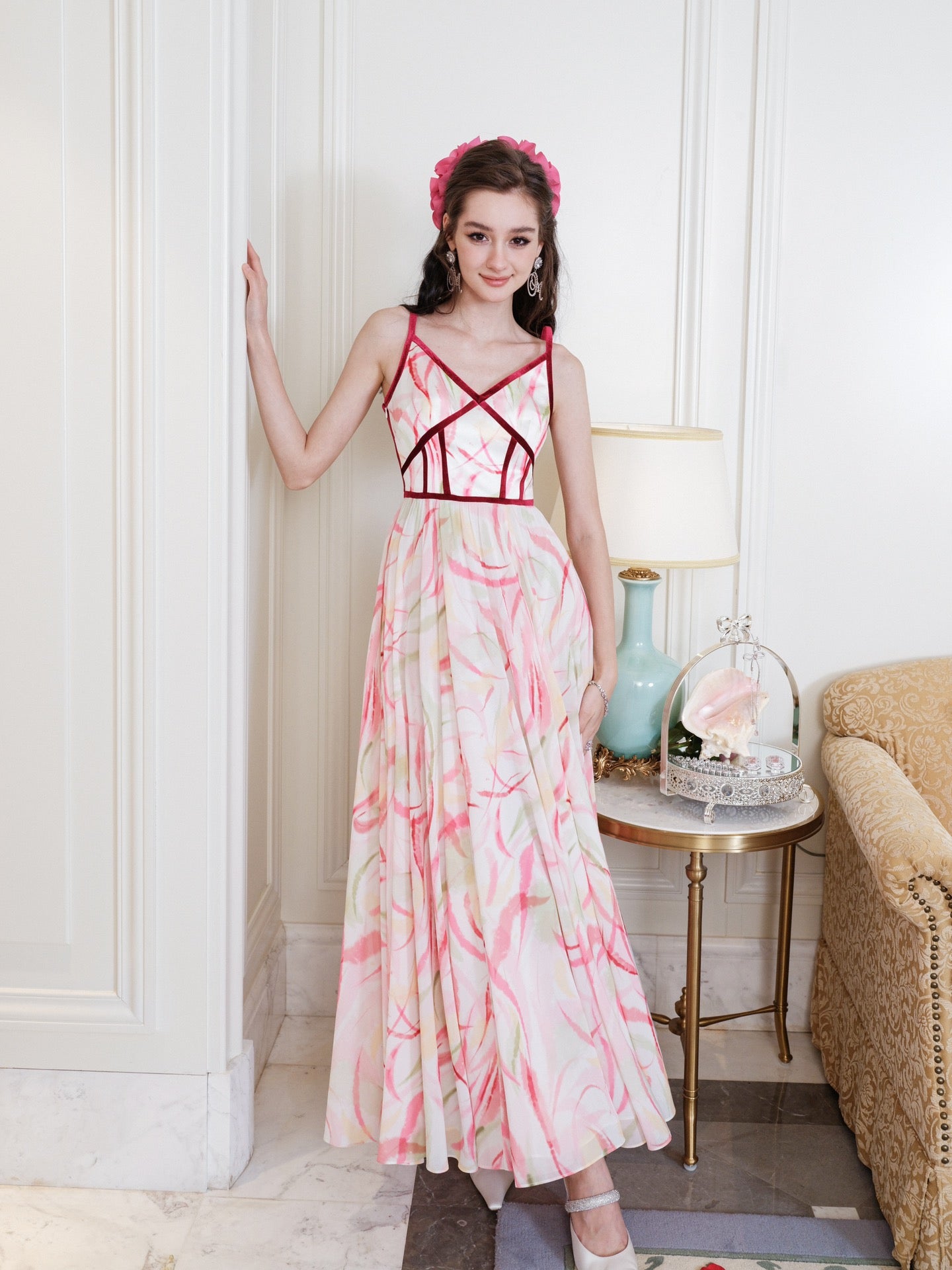 Masion Wester Printed Velvet Strap Dress