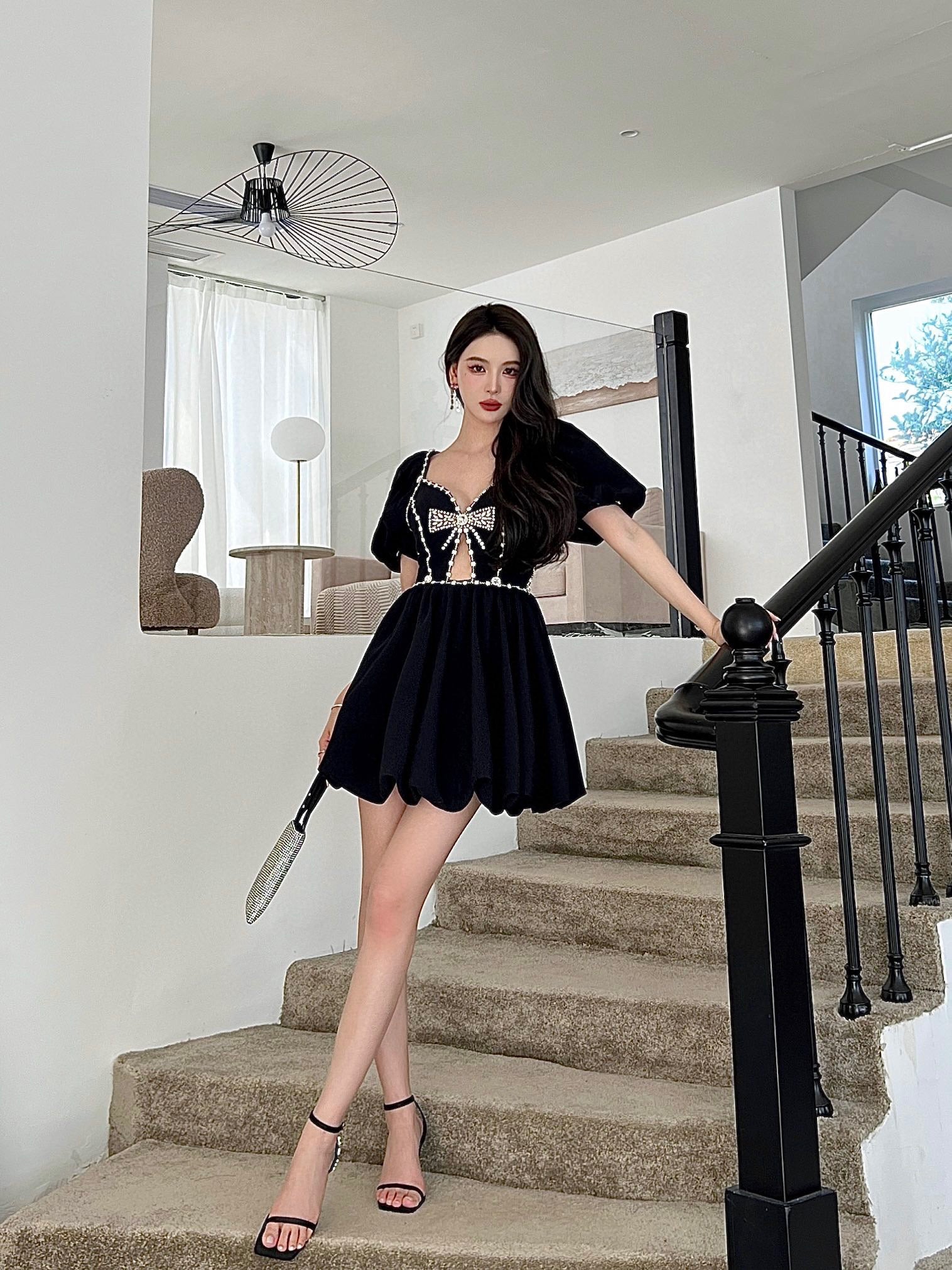 Masion Wester Black Diamond Chain Bow Pleated Puffy Dress