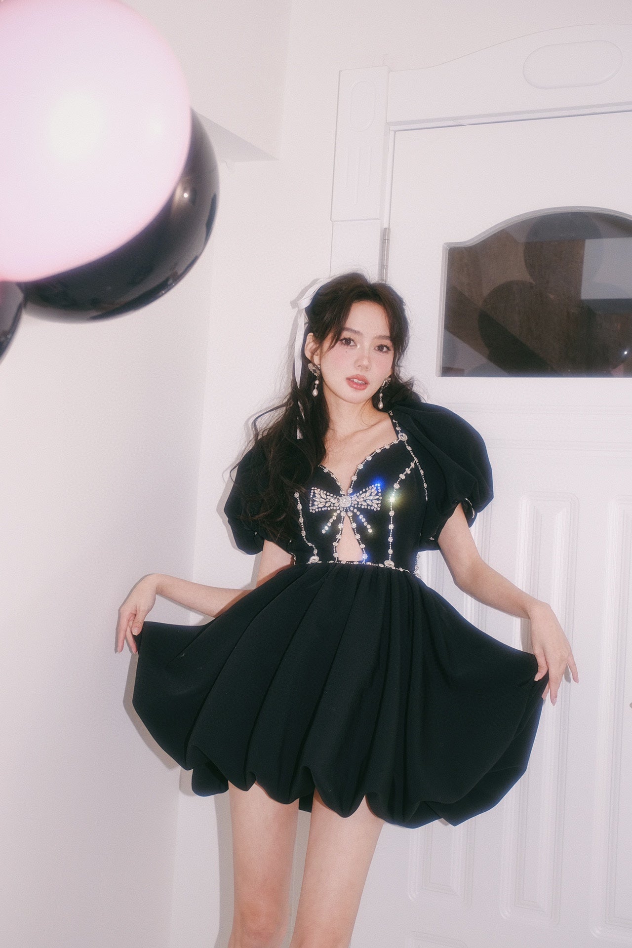 Masion Wester Black Diamond Chain Bow Pleated Puffy Dress