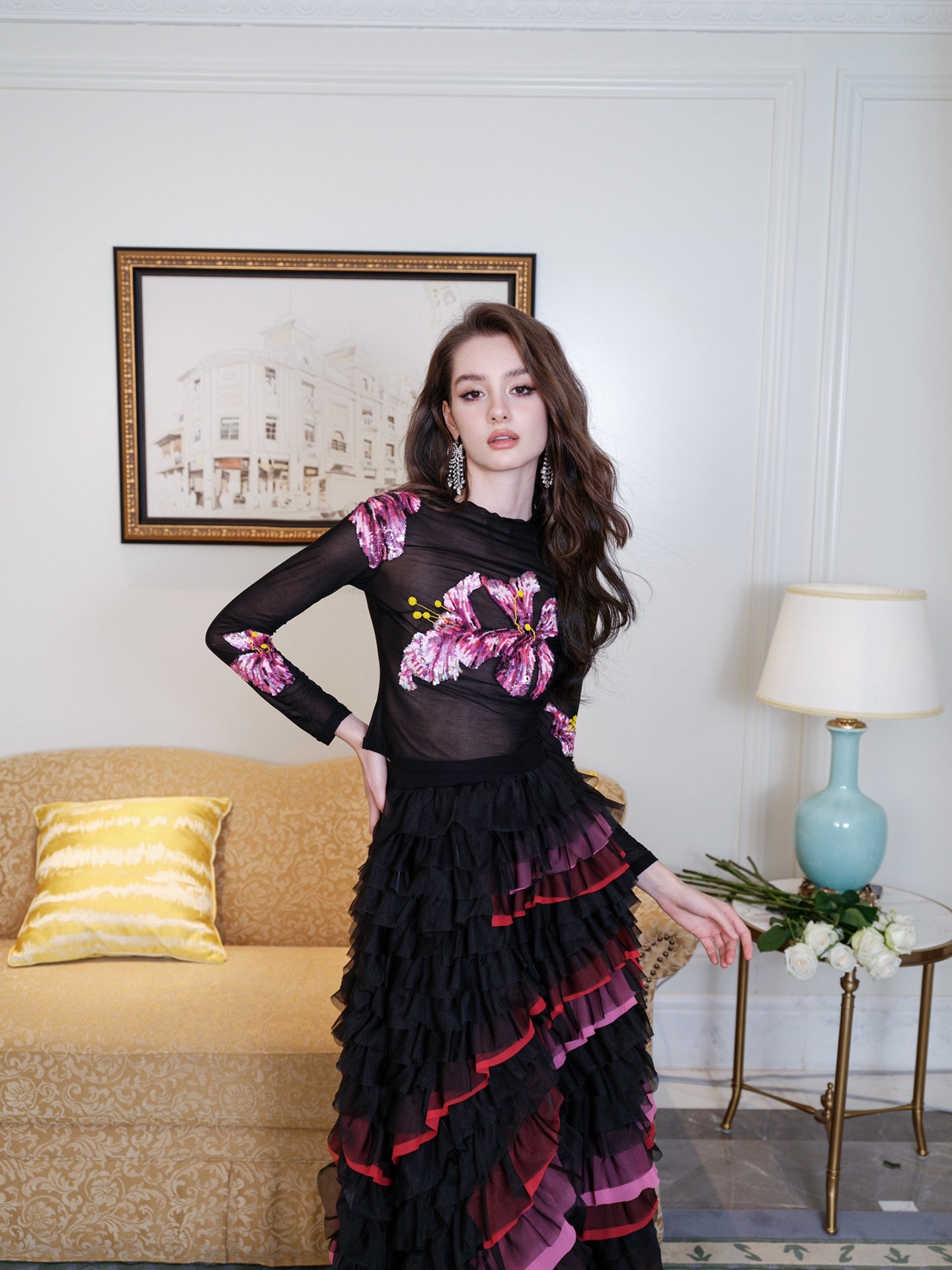 Masion Wester Black Iris Embroidered Top& Irregular Chiffon Cake Skirt