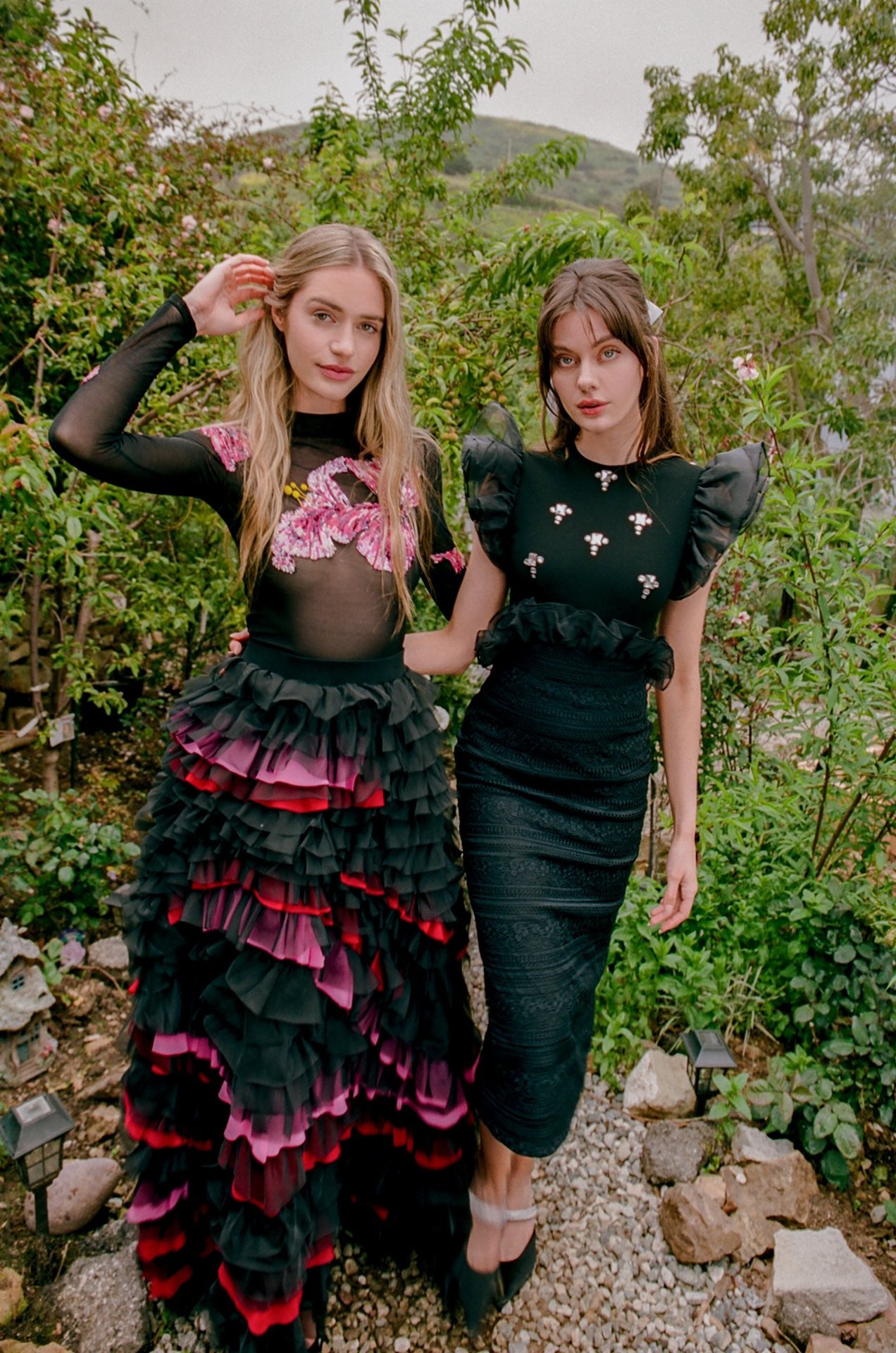 Masion Wester Black Iris Embroidered Top& Irregular Chiffon Cake Skirt