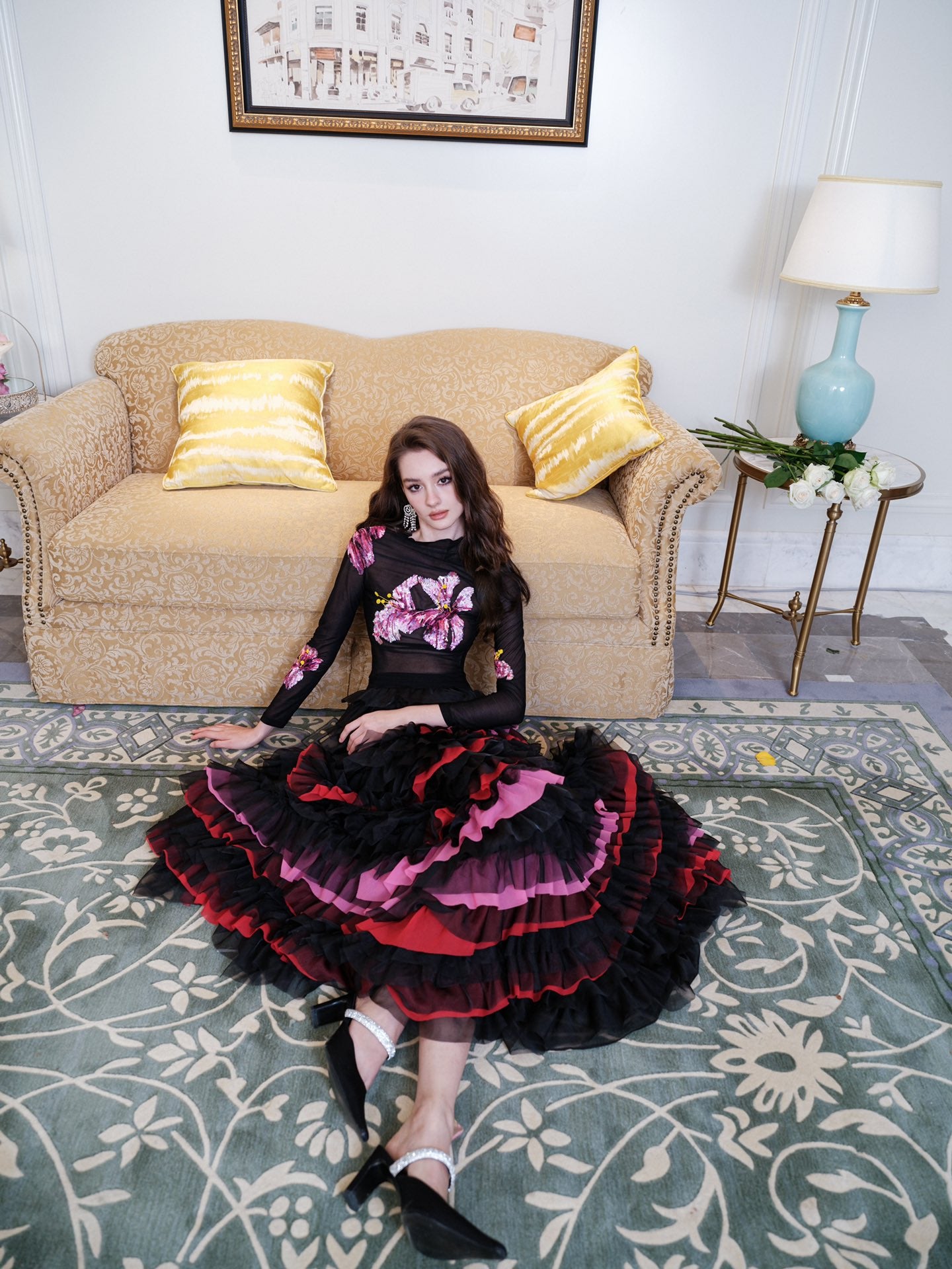 Masion Wester Black Iris Embroidered Top& Irregular Chiffon Cake Skirt
