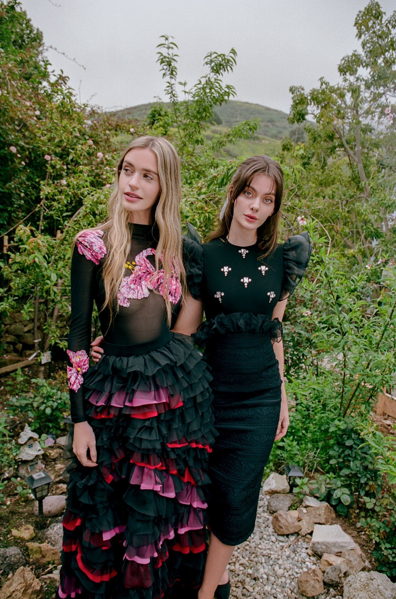 Masion Wester Black Iris Embroidered Top& Irregular Chiffon Cake Skirt