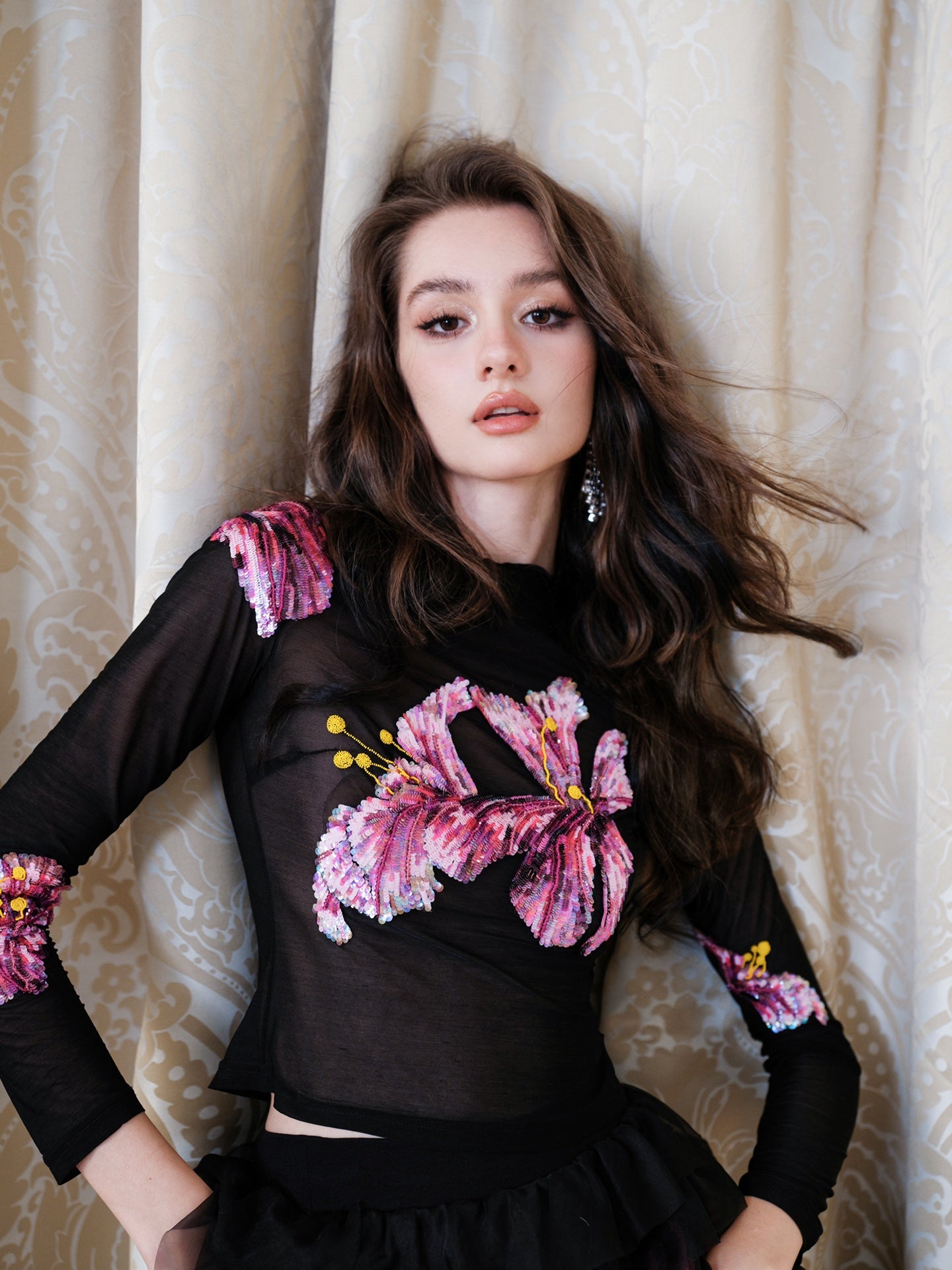Masion Wester Black Iris Embroidered Top& Irregular Chiffon Cake Skirt