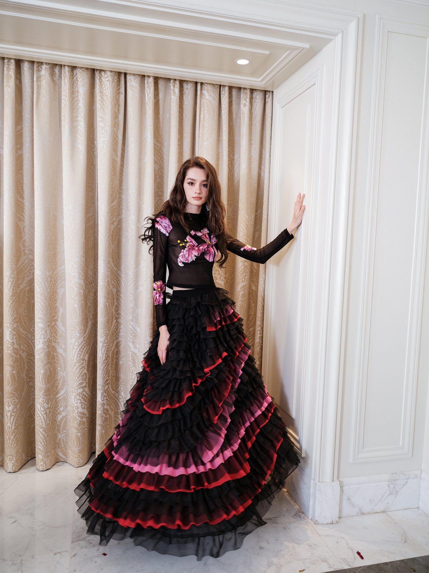 Masion Wester Black Iris Embroidered Top& Irregular Chiffon Cake Skirt