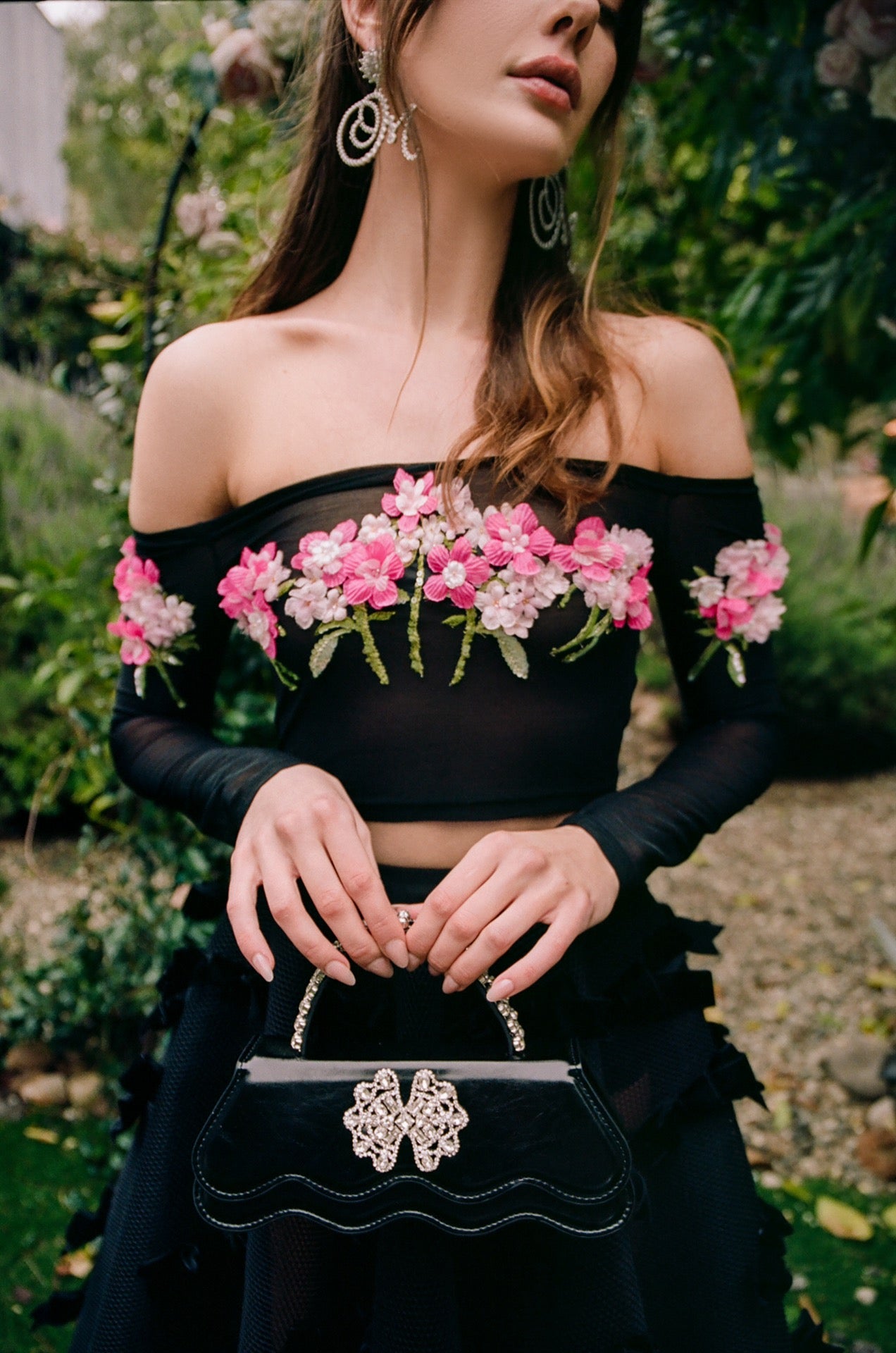 Masion Wester Black Iris Embroidered Top& Black Bow Mesh Skirt